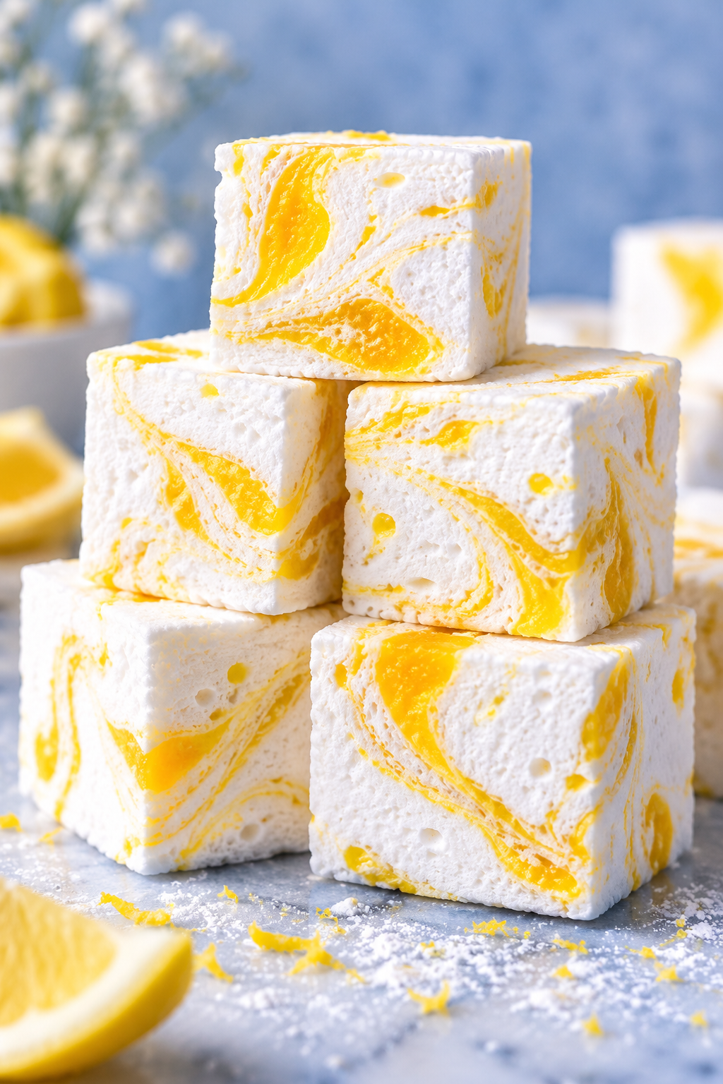 Lemon Meringue Marshmallows with bright lemon curd swirls stacked beside fresh lemon
