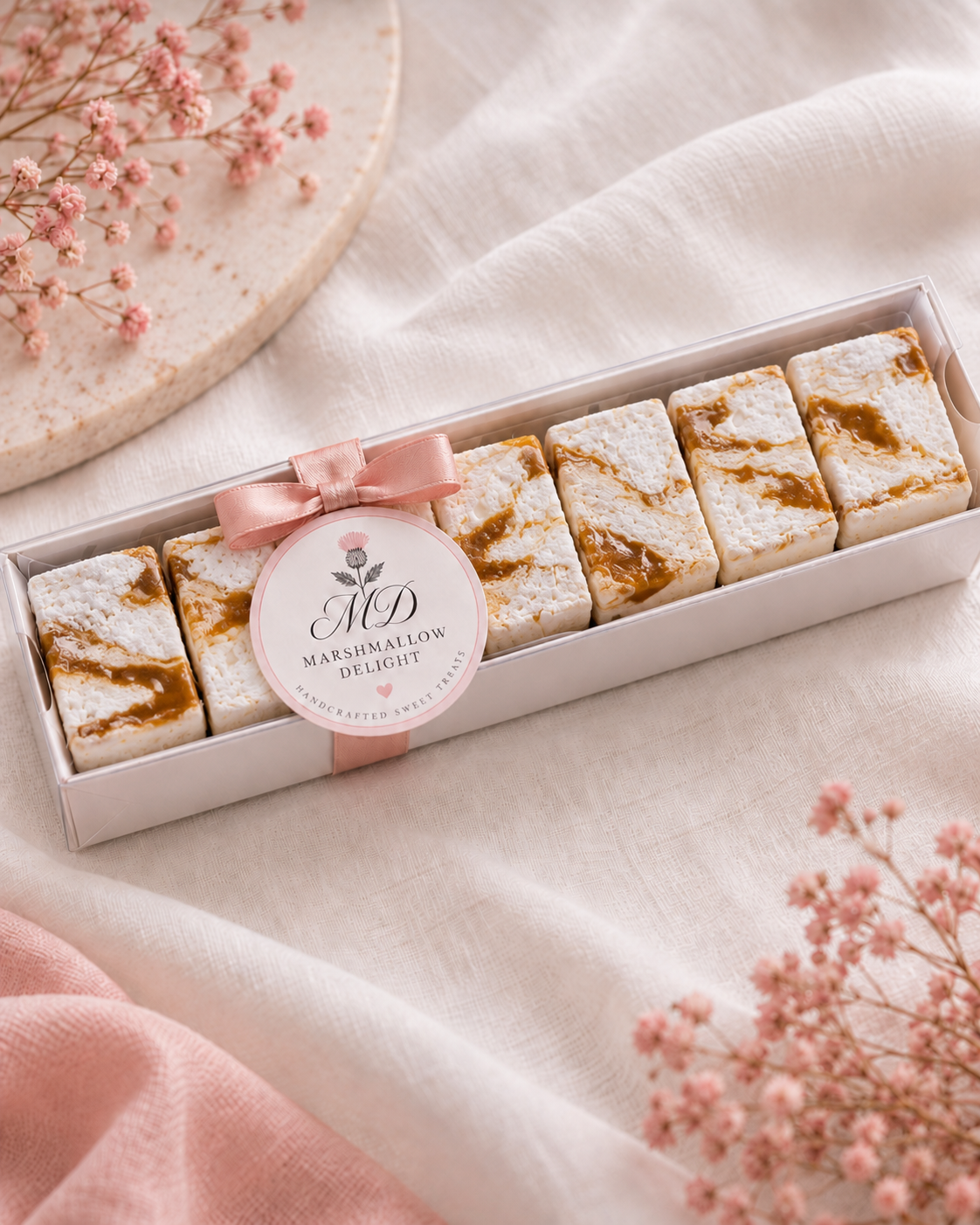 A stack of handcrafted marshmallow slices with golden caramel swirls and pastel layers