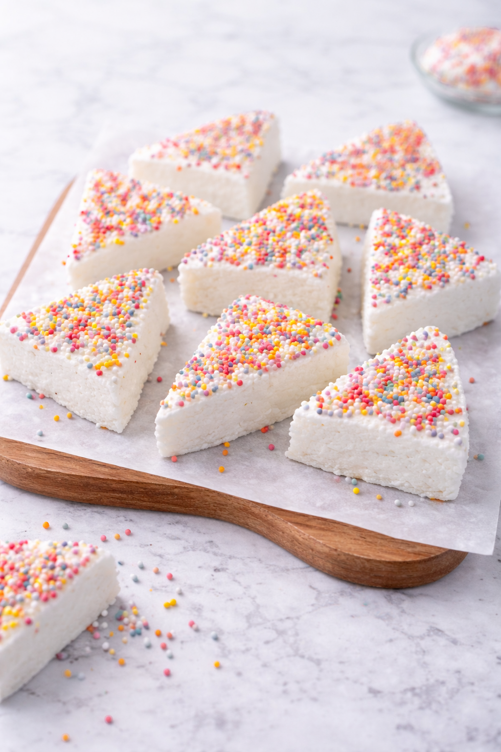 Triangles of white Scottish snowball marshmallow covered in pastel hundreds and thousands